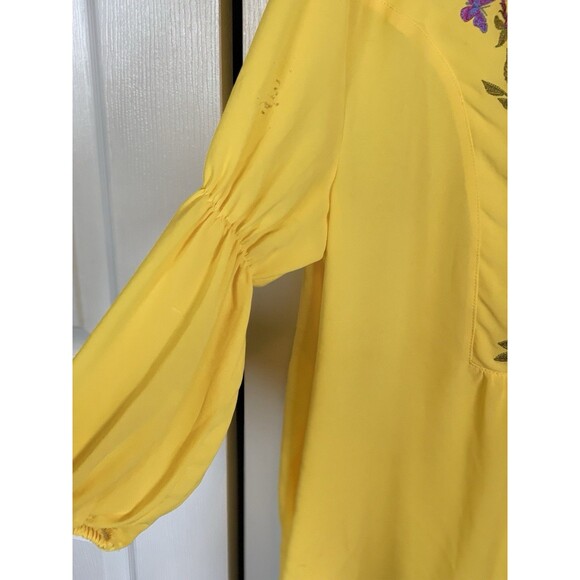 Embroidered Sheer Floral Tunic Pockets Tie at Neck Lantern Sleeves XL Yellow - Picture 5 of 10